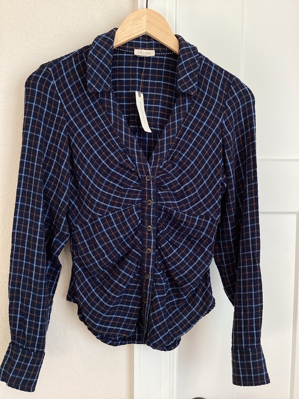 Anthropologie Long Sleeve Blouse Pilcro Button Down V-Neck New Navy Blue Plaid